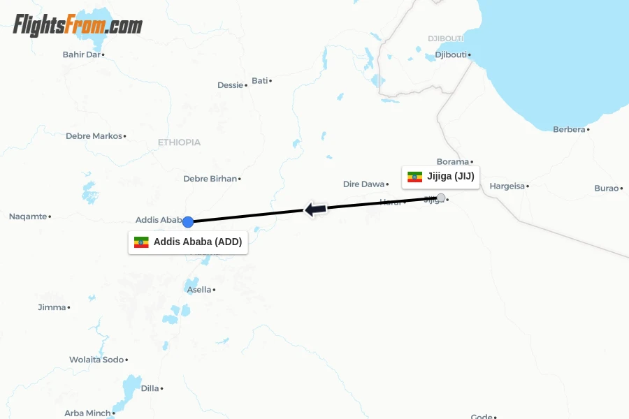Flights from Jijiga to Addis Ababa route map