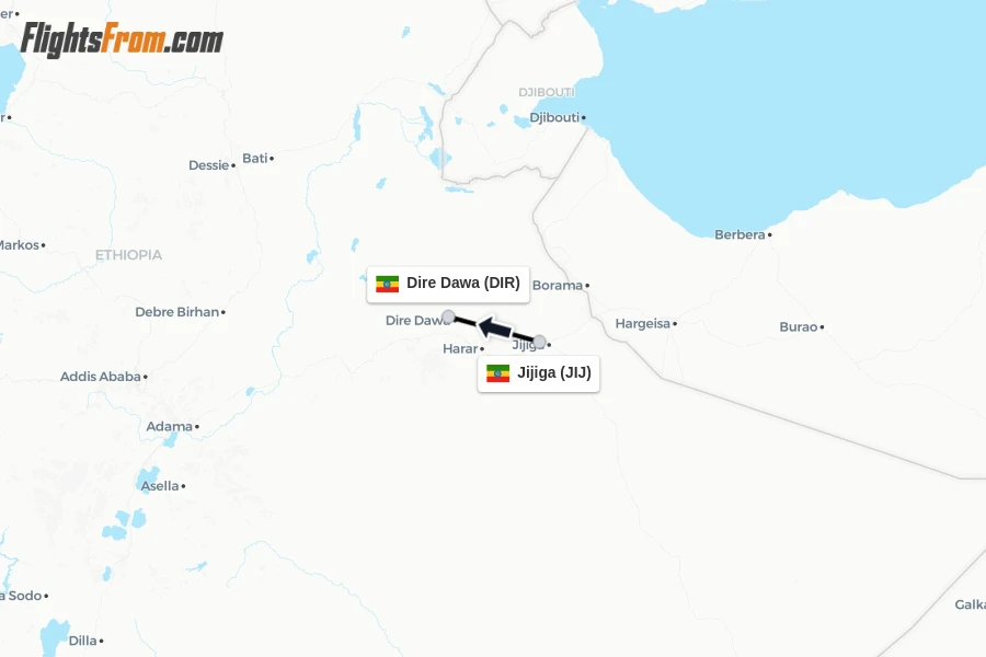 Flights from Jijiga to Dire Dawa route map