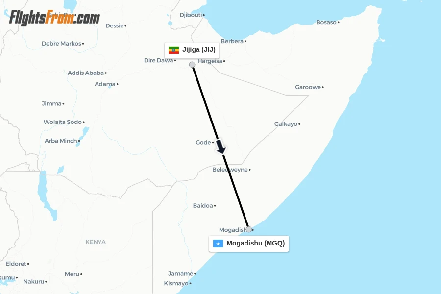 Flights from Jijiga to Mogadishu route map