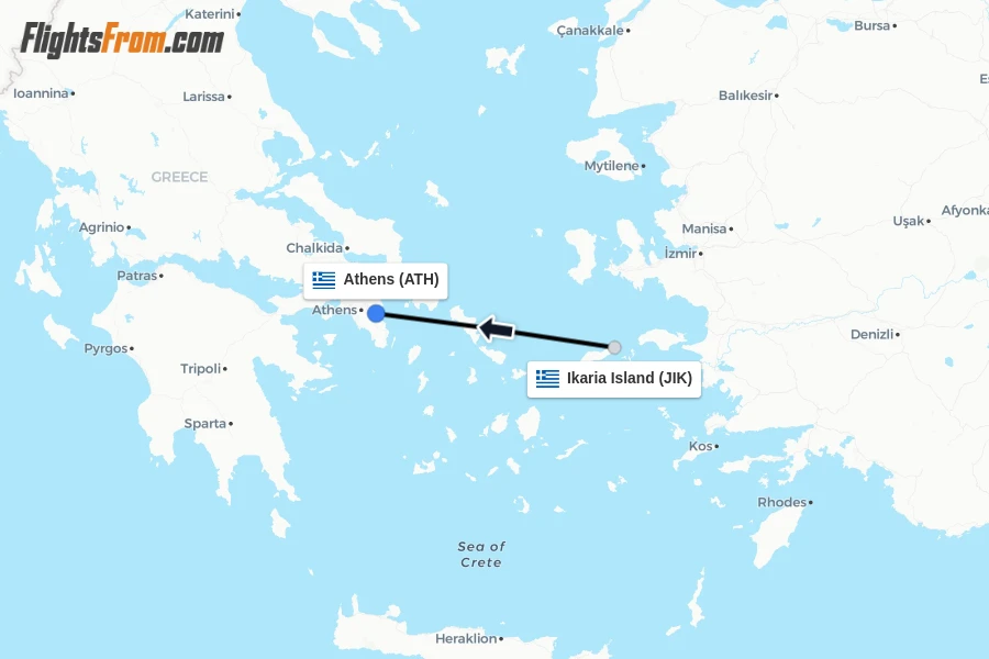 Flights from Ikaria Island to Athens route map