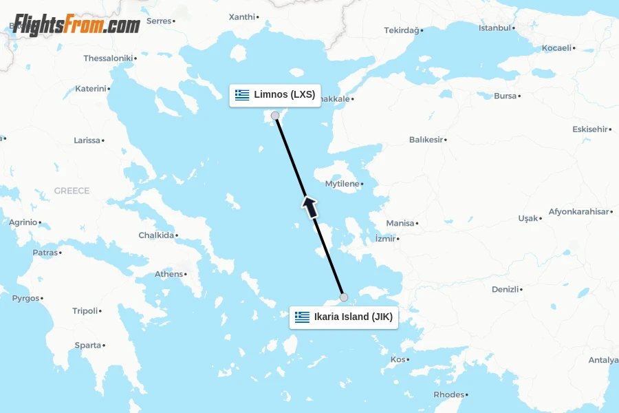 Flights from Ikaria Island to Limnos route map