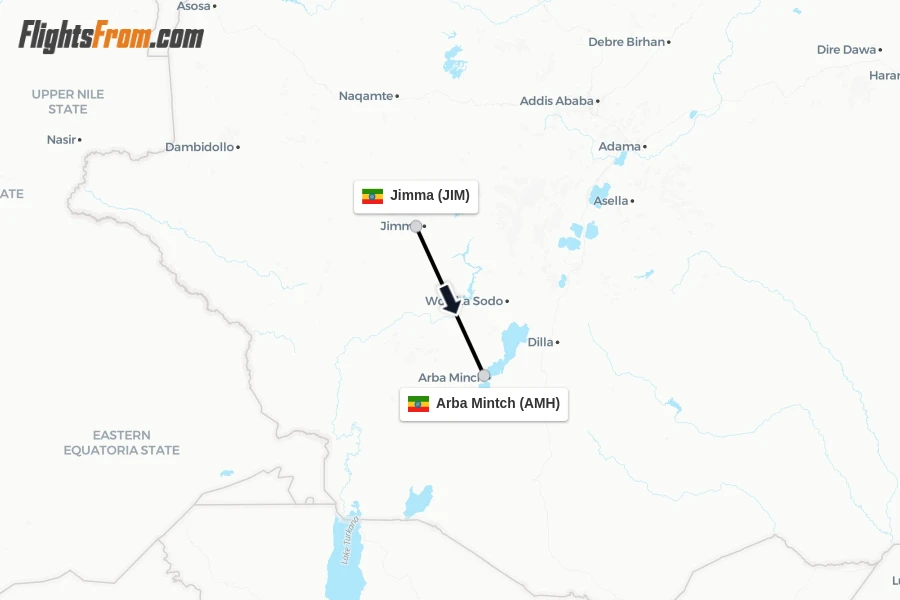 Flights from Jimma to Arba Mintch route map