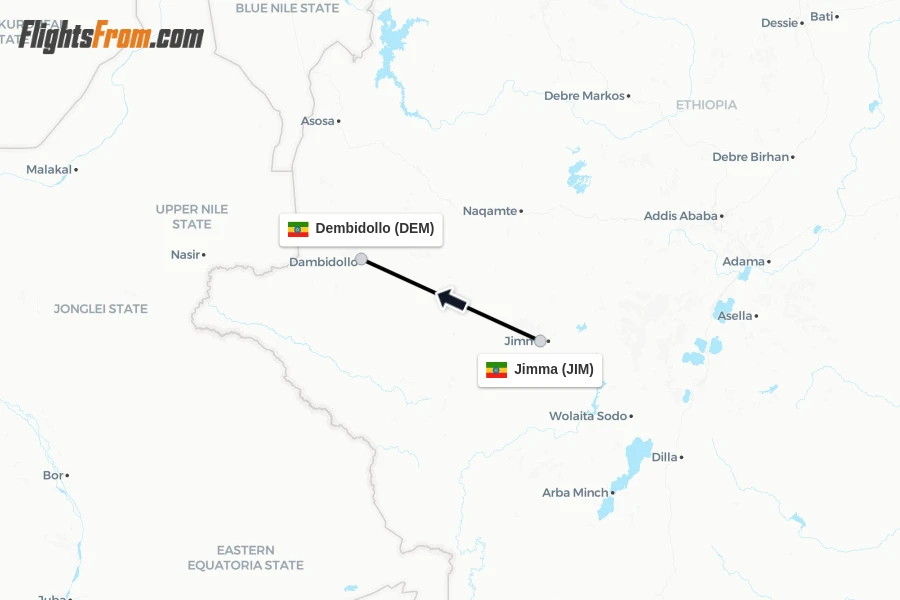 Flights from Jimma to Dembidollo route map