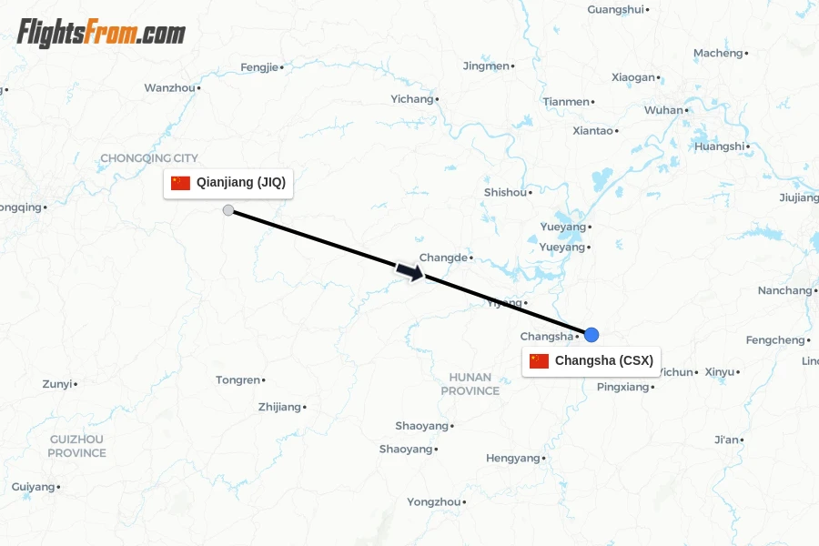 Flights from Qianjiang to Changsha route map