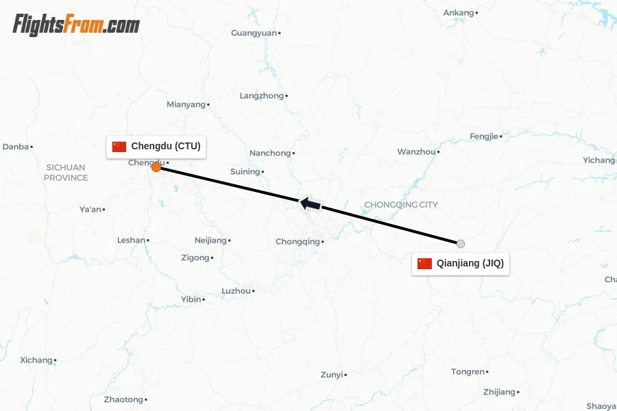 Flights from Qianjiang to Chengdu route map