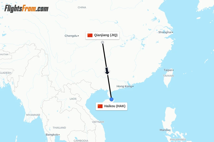 Flights from Qianjiang to Haikou route map