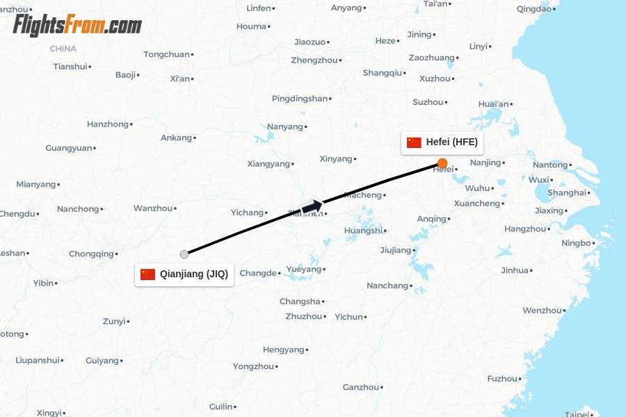 Flights from Qianjiang to Hefei route map
