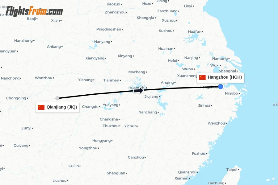 Flights from Qianjiang to Hangzhou route map