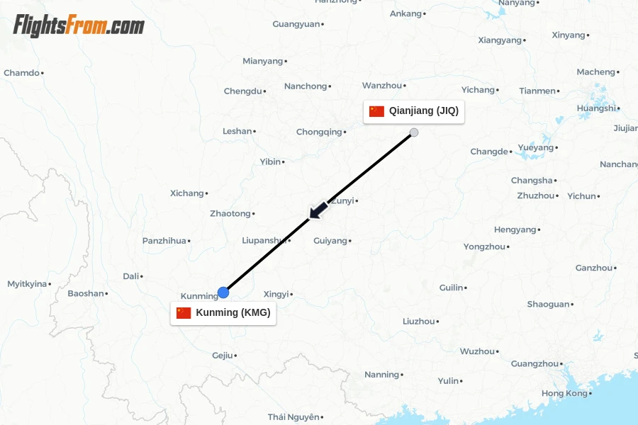 Flights from Qianjiang to Kunming route map