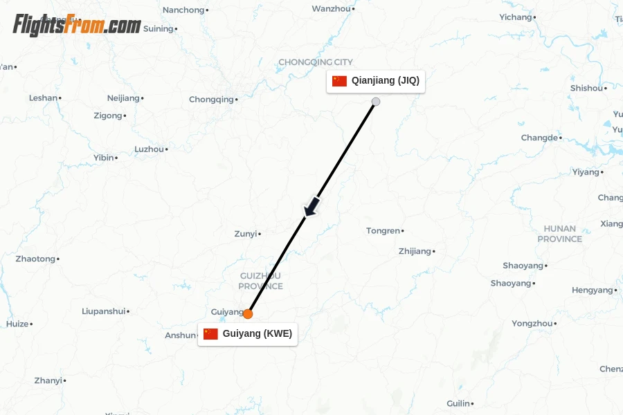 Flights from Qianjiang to Guiyang route map