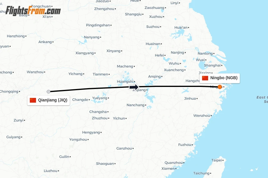 Flights from Qianjiang to Ningbo route map