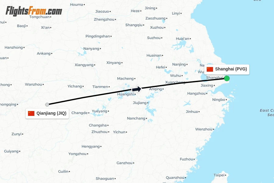Flights from Qianjiang to Shanghai route map