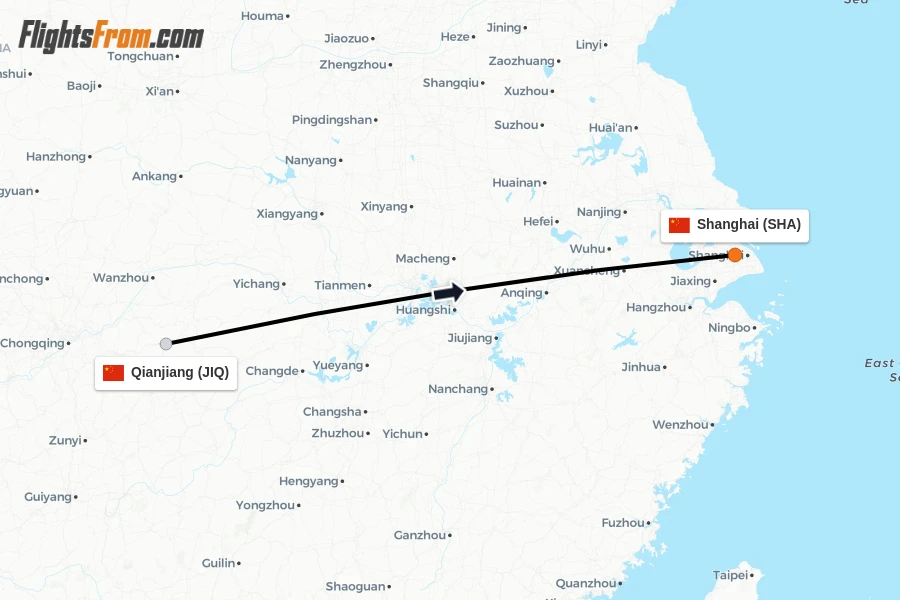 Flights from Qianjiang to Shanghai route map