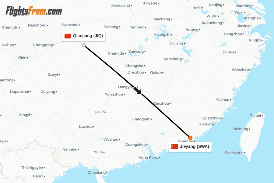 Flights from Qianjiang to Jieyang route map