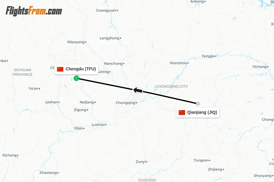 Flights from Qianjiang to Chengdu route map