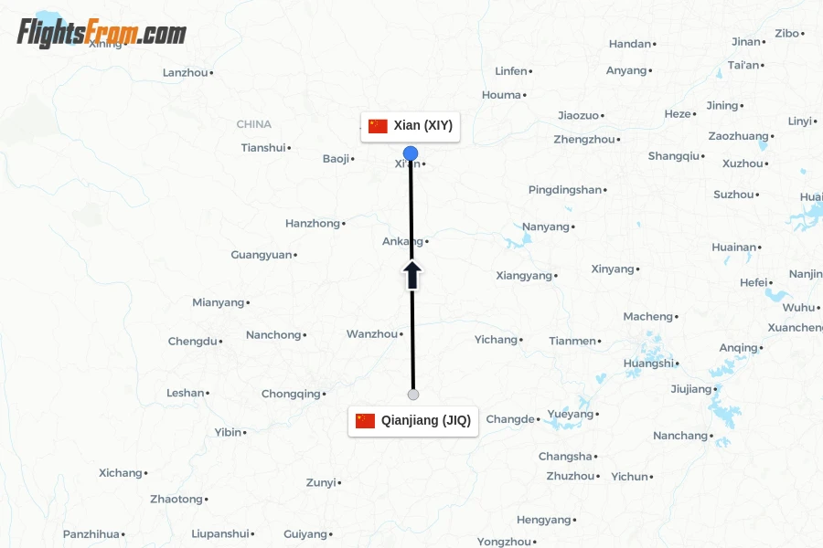 Flights from Qianjiang to Xian route map