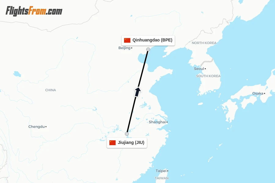 Flights from Jiujiang to Qinhuangdao route map