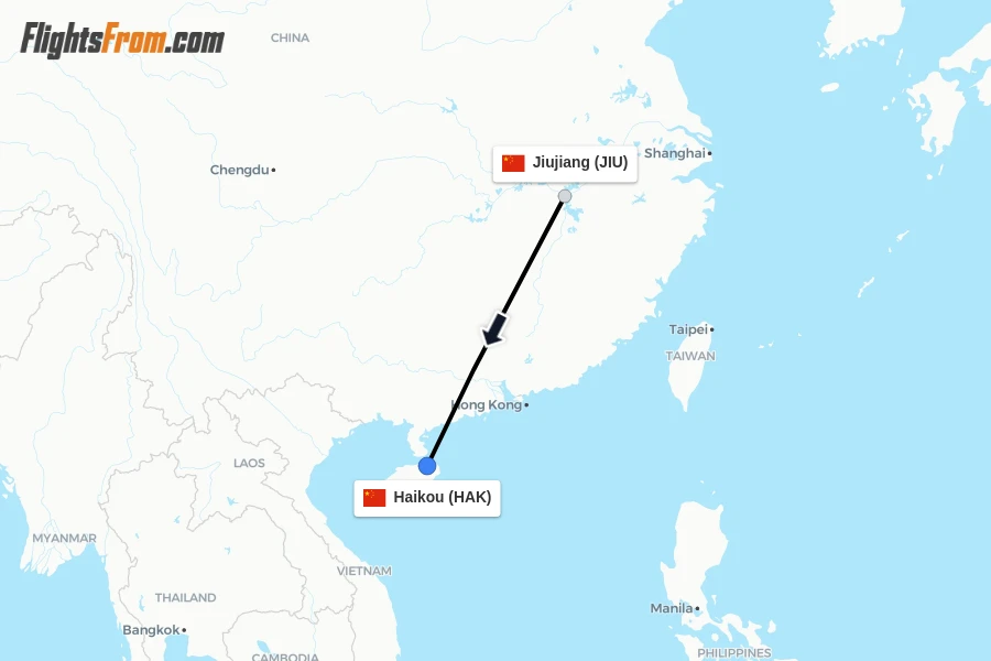 Flights from Jiujiang to Haikou route map