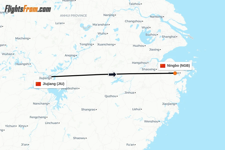 Flights from Jiujiang to Ningbo route map