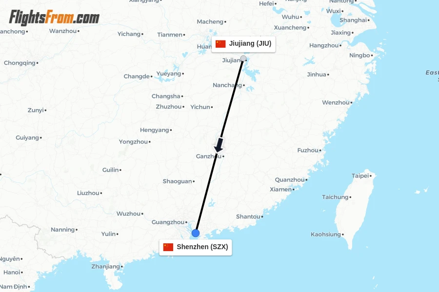 Flights from Jiujiang to Shenzhen route map