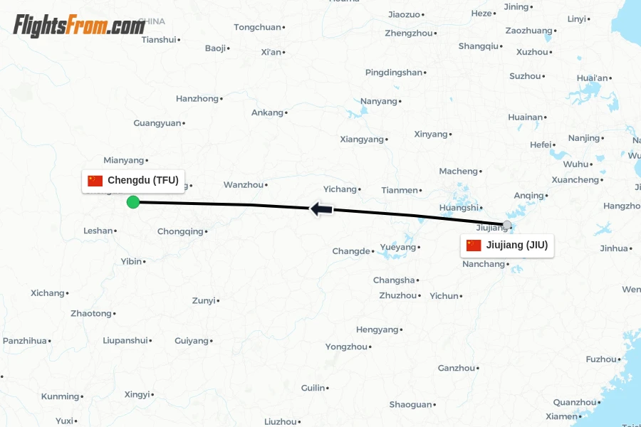 Flights from Jiujiang to Chengdu route map