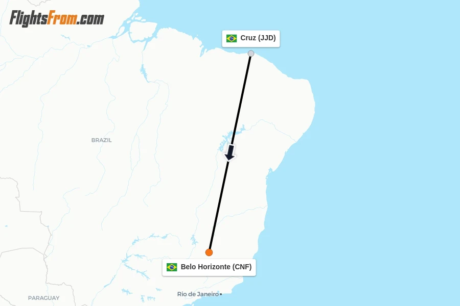 Flights from Cruz to Belo Horizonte route map
