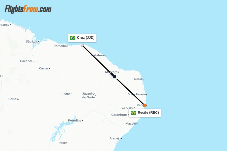 Flights from Cruz to Recife route map