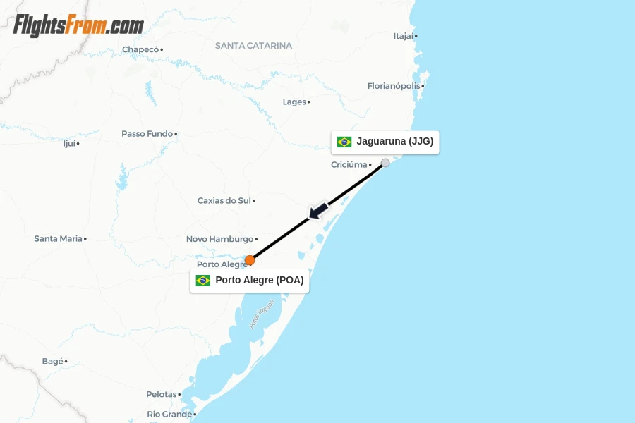Flights from Jaguaruna to Porto Alegre route map