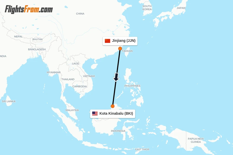 Flights from Jinjiang to Kota Kinabalu route map