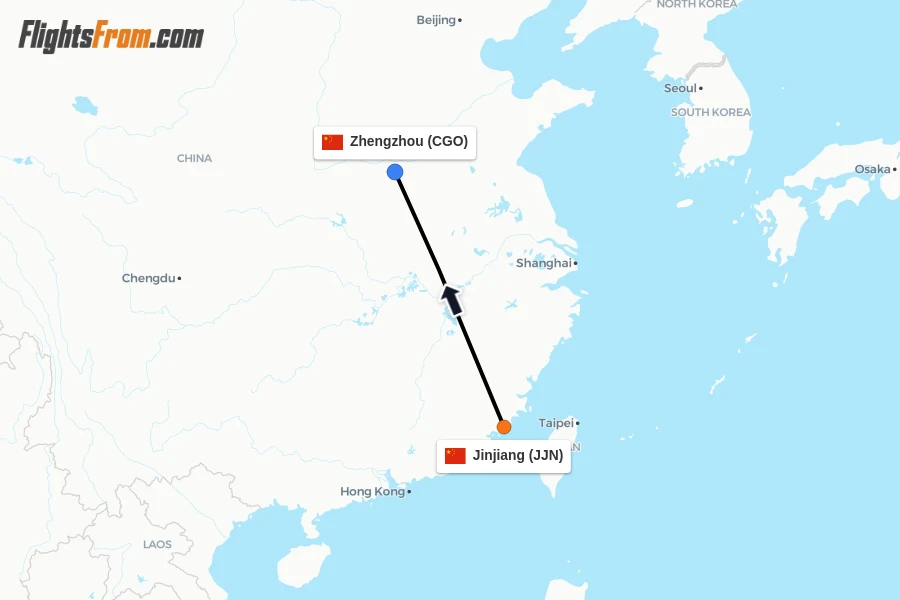 Flights from Jinjiang to Zhengzhou route map