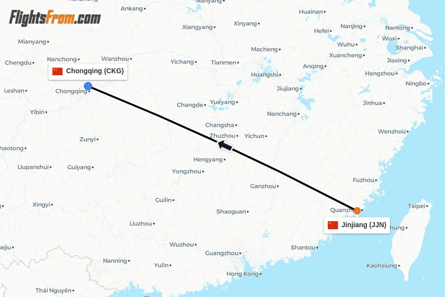 Flights from Jinjiang to Chongqing route map