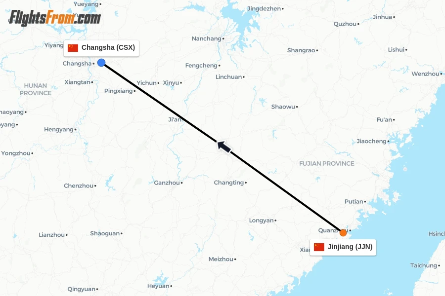 Flights from Jinjiang to Changsha route map