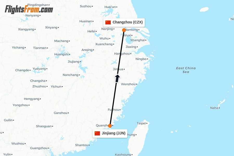 Flights from Jinjiang to Changzhou route map