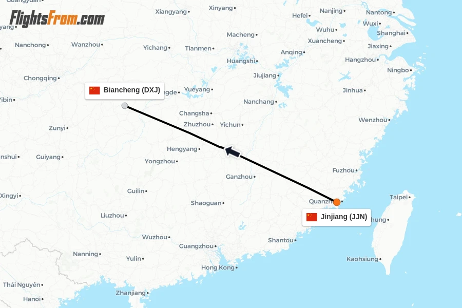 Flights from Jinjiang to Biancheng route map