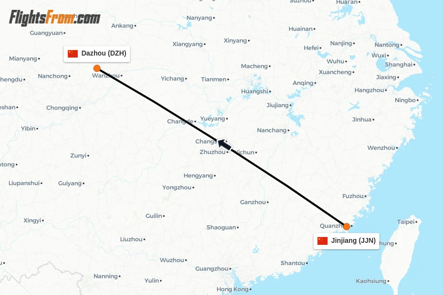 Flights from Jinjiang to Dazhou route map