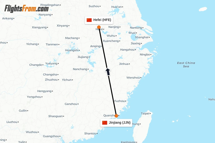 Flights from Jinjiang to Hefei route map