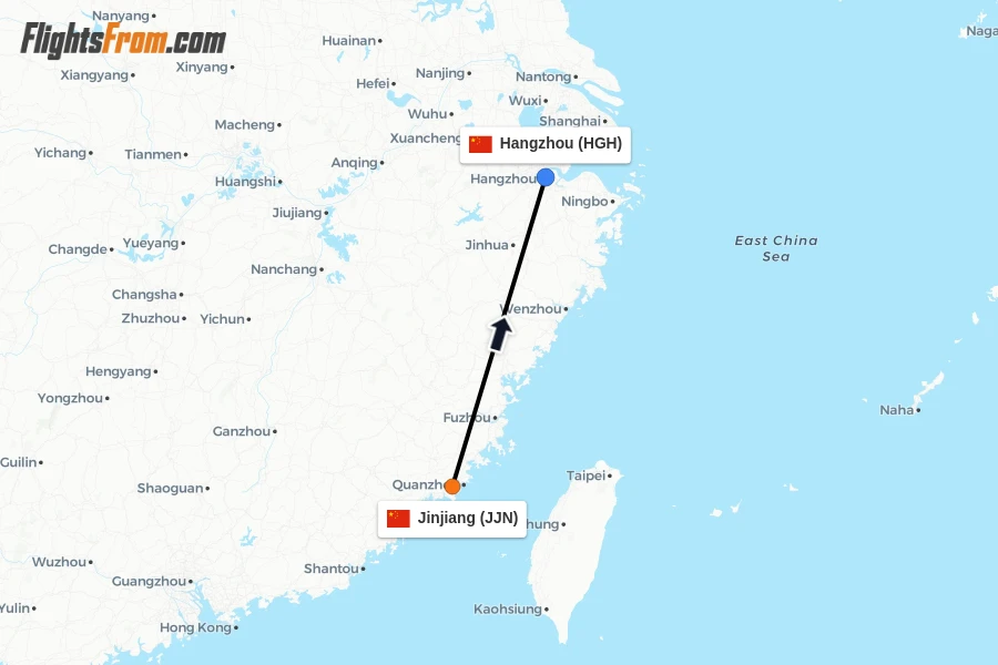 Flights from Jinjiang to Hangzhou route map
