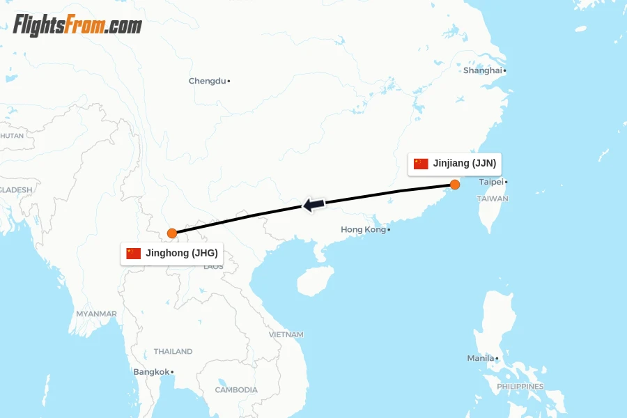 Flights from Jinjiang to Jinghong route map