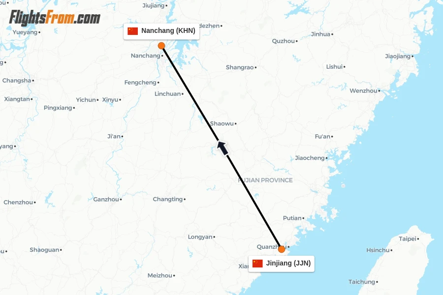 Flights from Jinjiang to Nanchang route map