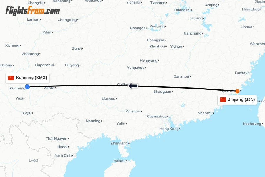Flights from Jinjiang to Kunming route map