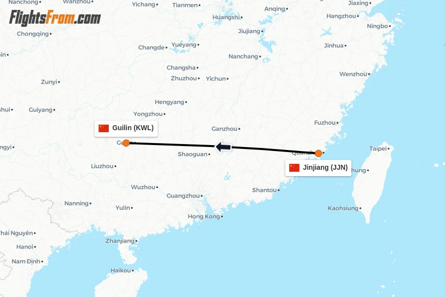 Flights from Jinjiang to Guilin route map