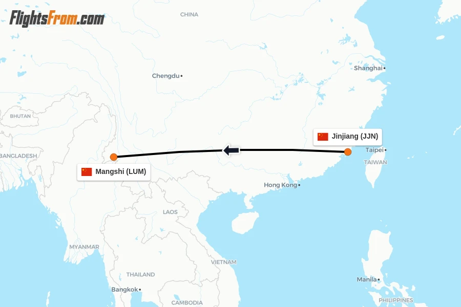 Flights from Jinjiang to Mangshi route map