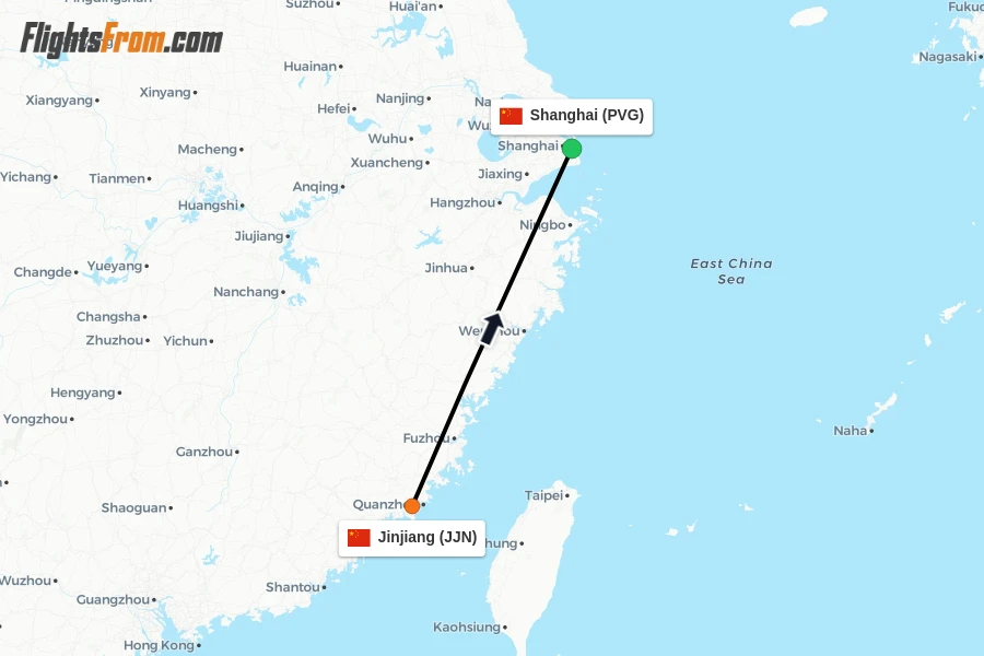 Flights from Jinjiang to Shanghai route map
