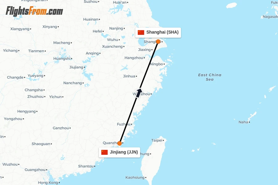 Flights from Jinjiang to Shanghai route map
