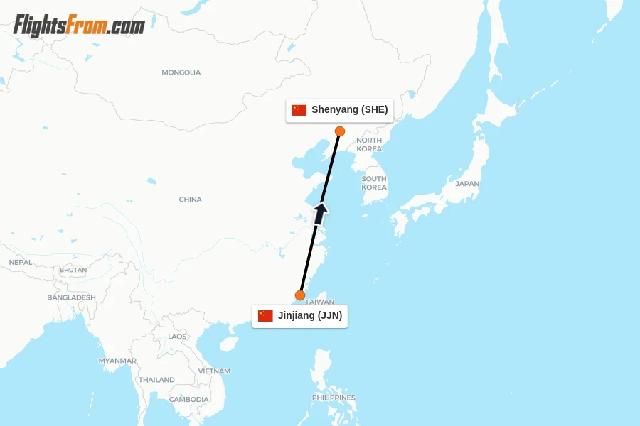 Flights from Jinjiang to Shenyang route map