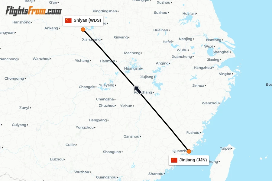 Flights from Jinjiang to Shiyan route map