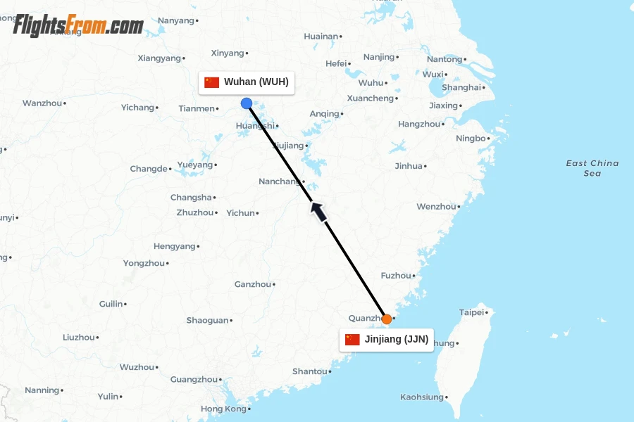 Flights from Jinjiang to Wuhan route map