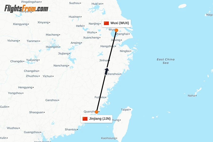 Flights from Jinjiang to Wuxi route map