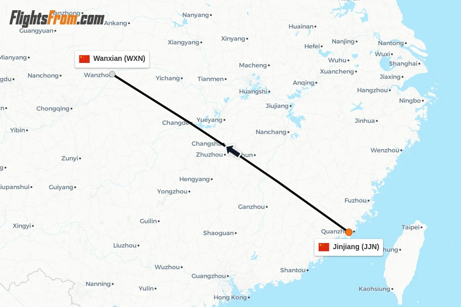 Flights from Jinjiang to Wanxian route map