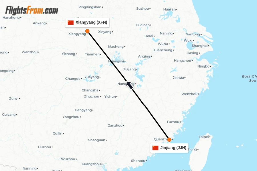 Flights from Jinjiang to Xiangyang route map